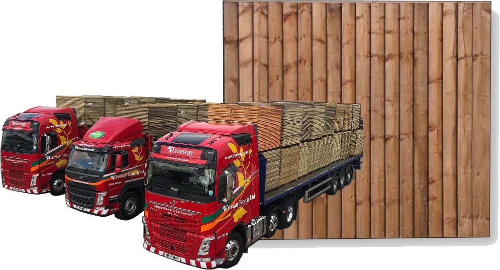 Three trucks carrying wooden logs are positioned against a wooden background.